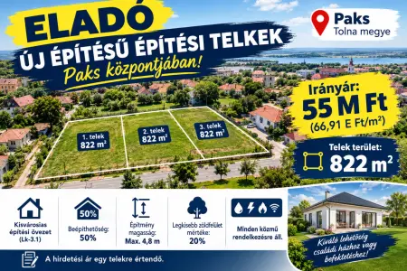 Eladó új építésű telek, Paks 822 m² 55 M Ft
